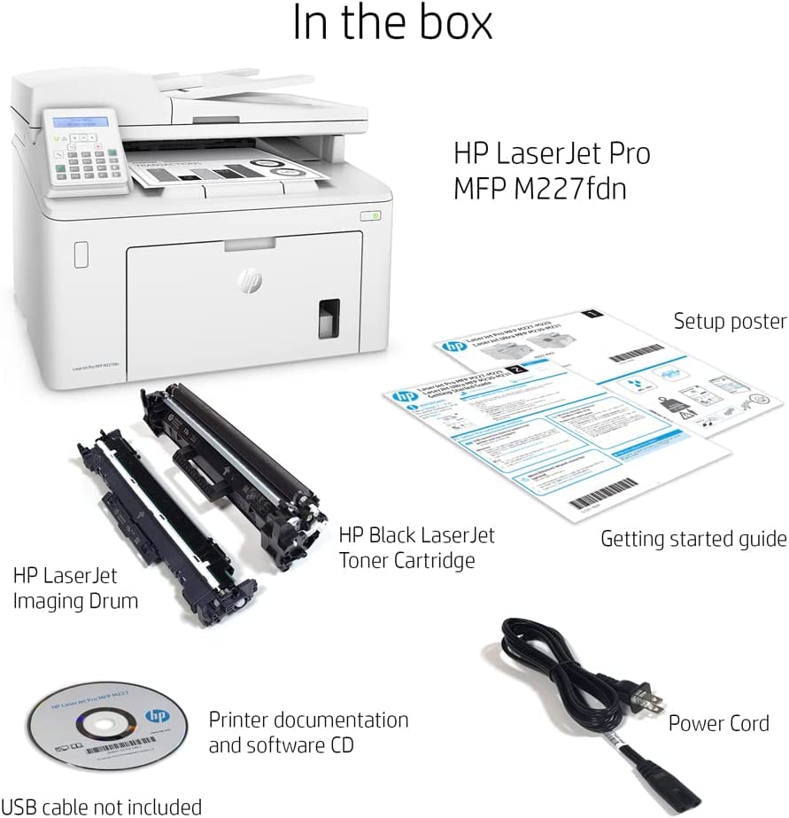 HP Laserjet Pro MFP M227fdn All-in-One NFC Ethernet Monochrome Laser Printer, White - Print Scan Copy Fax - 30 ppm, 1200 x 1200 dpi, 8.5 x 14, 35-Sheet ADF, Auto 2-Sided Printing, Cbmou Printer Cable