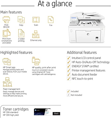 HP Laserjet Pro MFP M227fdn All-in-One NFC Ethernet Monochrome Laser Printer, White - Print Scan Copy Fax - 30 ppm, 1200 x 1200 dpi, 8.5 x 14, 35-Sheet ADF, Auto 2-Sided Printing, Cbmou Printer Cable