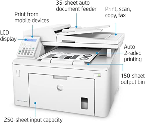 HP Laserjet Pro MFP M227fdn All-in-One NFC Ethernet Monochrome Laser Printer, White - Print Scan Copy Fax - 30 ppm, 1200 x 1200 dpi, 8.5 x 14, 35-Sheet ADF, Auto 2-Sided Printing, Cbmou Printer Cable