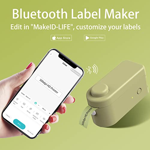 Makeid Label Maker Machine with 2 Tapes (Green+ Transparent) 3/5 inch or 16mm USB Rechargeable Thermal Label Printer for Android iOS Cute Fonts Emoji Stickers Fast and Easy, Green