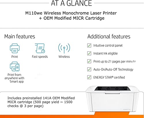 RT M110we Wireless Monochrome Laser Check Printer Bundle with 1 OEM Modified 141A MICR Ink Toner Cartridge for Printing Business and Personal Checks (2 Items)