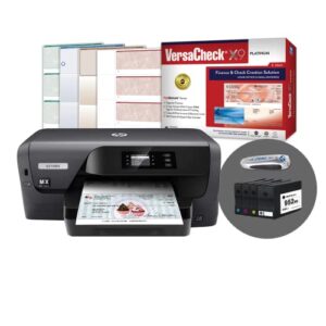 versacheck hp officejet pro 8210 mxe micr check printer x9 platinum 5-user check printing software bundle, micr black & color