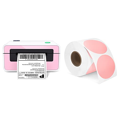 POLONO Shipping Label Printer Pink, 4x6 Thermal Label Printer for Shipping Packages, Commercial Direct Thermal Label Maker, 2" Pink Circle Direct Thermal Labels (750 Labels c