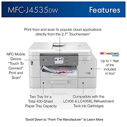 Brother INKvestment Tank MFC-J4535DW Wireless Color All-in-One Inkjet Printer - Print Copy Scan Fax - 2.7" Touchscreen, 20 ppm, 4800 x 1200 dpi, 8.5" x 14", Auto Duplex Print, 20-Sheet ADF