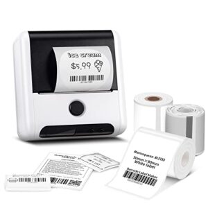 memoqueen label maker machine with 3 roll labels m200 portable label makers, upgrade 3 inch bluetooth thermal barcode label printer for small business/home use, for retail, logo, labeling, name, white
