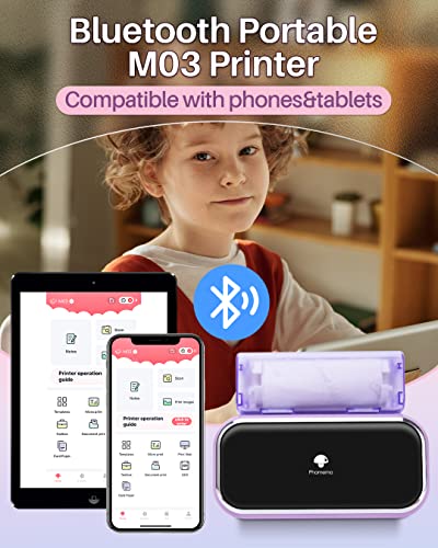 Phomemo M03 Mini Printer, Bluetooth Thermal Printer Mobile Portable Printer for Smartphones, Compatible with 53mm/80mm Thermal Paper, Great for memo,Photo & Notes, Purple