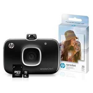 hp 5ms96a sprocket 2-in-1 portable photo printer & instant camera bundle with 8gb micro sd card and zink photo paper, black (pack of 3)