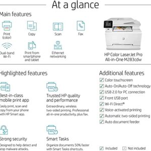 HP Laserjet Pro MFP M283cdw Wireless Color All-in-One Laser Printer, Print&Copy&Scan&Fax, up to 22 ppm, 600x600 dpi, 2.7" Color Touchscreen, Work with Alexa (7KW73A), with Lanbertent Printer Cable