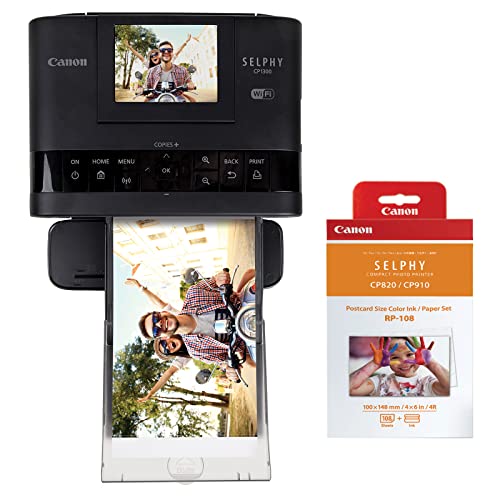 Canon SELPHY CP1300 Wireless Compact Photo Printer + RP-108 High-Capacity Color Ink/Paper Set Bundle, Black