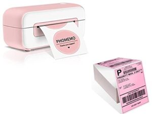 phomemo pink label printer, thermal label printer for shipping packages, shipping label printer with 4x6” direct thermal shipping labels，500 fan-fold labels