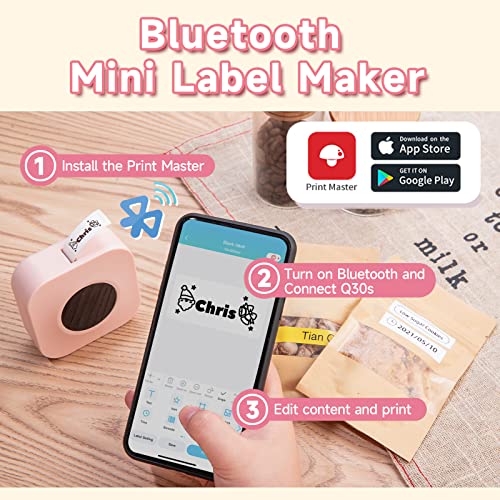 Memoqueen Label Makers Machine with Cosmetic Travel Bag Q30S Handheld Bluetooth Mini Sticker Thermal Label Printer, Easy-to-Use for Home Office Organization, Rich Icon Font Multiple Templates,Pink