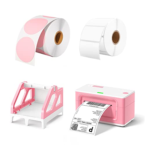 MUNBYN 2 Inch Pink Circle Thermal Sticker Labels, Pink Label Holder for Rolls and Fan-Fold Labels, 2.25 Inch x 1.25 Inch Direct Thermal Labels, Pink Label Printer