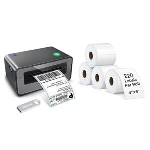 polono shipping label printer gray, 4×6 thermal label printer for shipping packages, commercial direct thermal label maker, shipping label, 4 x 6 direct thermal labels, 220 labels × 4 rolls