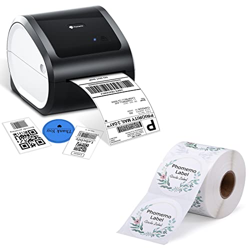 Phomemo D520 Label Printer with 1 Circle Label Roll, Shipping Thermal Printer D520 4x6 Label Printer for Barcode, Mailing, Address Labels, Postage