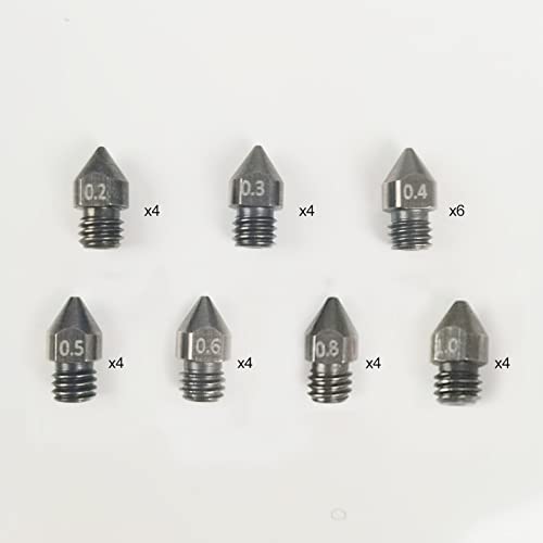 Uiter 30PCS 3D Printer Extruder Nozzles Hardened Steel, Brass High Temperature Pointed Wear Resistant Nozzle Compatible with CR-10, Ender 3/ V2 Ender3 pro, Prusa i3 (0.2 0.3 0.4 0.5 0.6 0.8 1.0 mm)