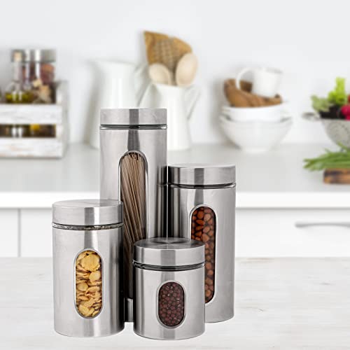 PENGKE Canisters Set,4 Piece Silver Stainless Steel Canister Set with Glass Windows,Perfect for Kitchen Canning Cereal,Pasta,Sugar,Beans,Spice