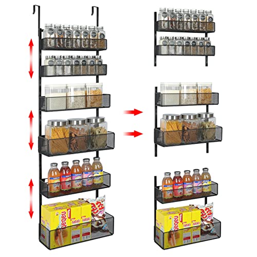 Over The Door Pantry Organizer 6-Tier Adjustable Tiers Hanging & Wall Mount Spice Rack,Metal Tube Behind The Door Storage Shelf,6 Adjustable Baskets with 4 Sizes & Small Mesh for Kitchen,Bathroom