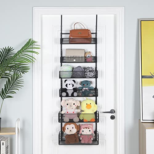 Over The Door Pantry Organizer 6-Tier Adjustable Tiers Hanging & Wall Mount Spice Rack,Metal Tube Behind The Door Storage Shelf,6 Adjustable Baskets with 4 Sizes & Small Mesh for Kitchen,Bathroom