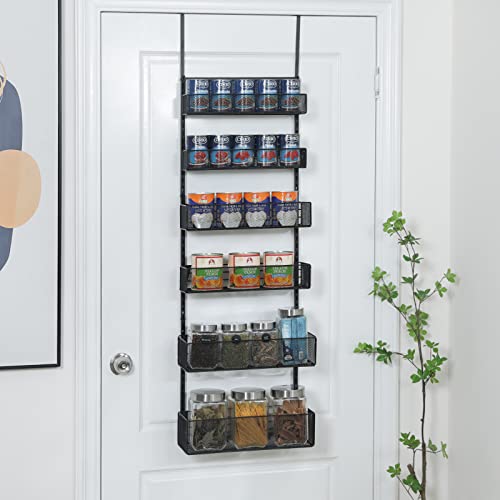 Over The Door Pantry Organizer 6-Tier Adjustable Tiers Hanging & Wall Mount Spice Rack,Metal Tube Behind The Door Storage Shelf,6 Adjustable Baskets with 4 Sizes & Small Mesh for Kitchen,Bathroom