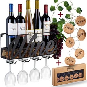wall mounted wine rack – bottle & glass holder – cork storage – store red, white, champagne – comes with 6 cork wine charms – home & kitchen décor – designed by anna stay, wine