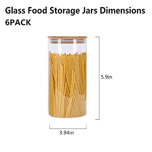 Glass Food Storage Jars Containers, Glass Storage Jar with Airtight Bamboo Lids Set of 6 Kitchen Glass Canisters For Coffee, Flour, Sugar, Candy, Cookie, Spice and More 32 oz