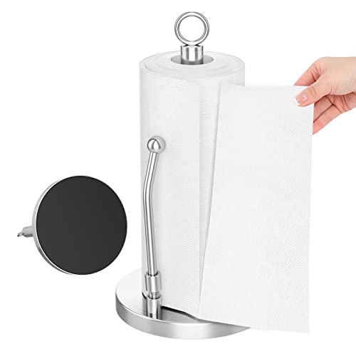 Paper Towel Holder Stainless Steel - One Hand Tear Paper Towel Dispenser Standing Weighted Base Non Slip, Spring Arm, Stainless Steel Paper Towel fits in Kitchen Bathroom Countertop Silver