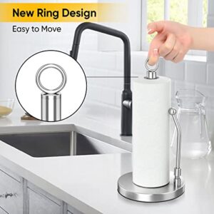 Paper Towel Holder Stainless Steel - One Hand Tear Paper Towel Dispenser Standing Weighted Base Non Slip, Spring Arm, Stainless Steel Paper Towel fits in Kitchen Bathroom Countertop Silver