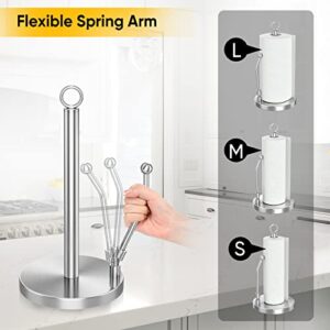 Paper Towel Holder Stainless Steel - One Hand Tear Paper Towel Dispenser Standing Weighted Base Non Slip, Spring Arm, Stainless Steel Paper Towel fits in Kitchen Bathroom Countertop Silver