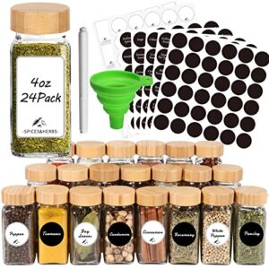 cyclemore 24 pcs spice jars with bamboo lids 4 oz glass spice jars with labels – minimalist blank spice labels stickers, black labels stickers, collapsible funnel