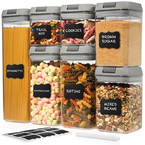 shazo airtight container set for food storage – 7 piece set + heavy duty plastic – bpa free – airtight storage clear plastic w/gray interchangeable lids kitchen counter storage bin -18 labels+marker