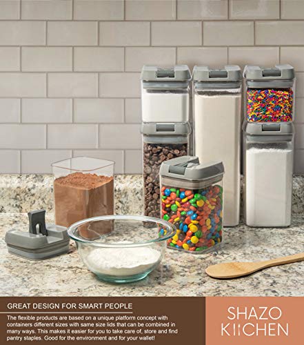 Shazo Airtight Container Set for Food Storage - 7 Piece Set + Heavy Duty Plastic - BPA Free - Airtight Storage Clear Plastic w/Gray Interchangeable Lids kitchen counter storage Bin -18 Labels+Marker