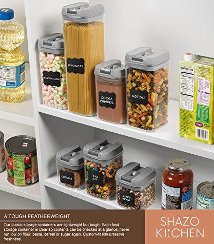 Shazo Airtight Container Set for Food Storage - 7 Piece Set + Heavy Duty Plastic - BPA Free - Airtight Storage Clear Plastic w/Gray Interchangeable Lids kitchen counter storage Bin -18 Labels+Marker