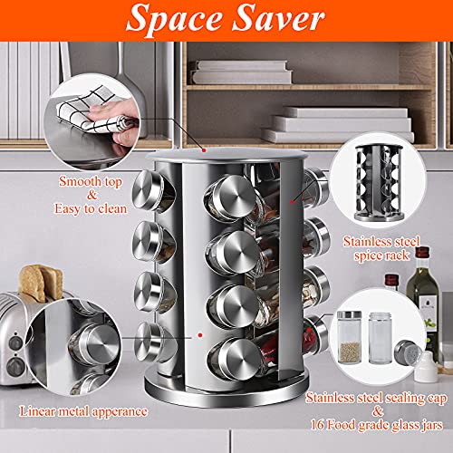 DOUBLE 2 C Rotating Spice Rack with 16 Jars, Revolving Spice Rack Organizer, Seasoning Organizer with Labels, Stainless Steel Spice Carousel for Kitchen Countertop, Cabinet