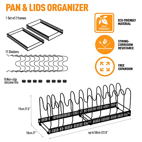 Mallnos Expandable Pot and Pan Organizers Rack, Kitchen Cabinet Pantry Bakeware & Cookware Organizer, Countertops and Cabinets with 10 Compartments