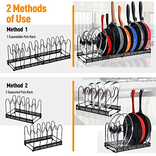 Mallnos Expandable Pot and Pan Organizers Rack, Kitchen Cabinet Pantry Bakeware & Cookware Organizer, Countertops and Cabinets with 10 Compartments