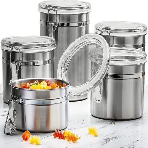 5pc Stainless Steel Canister Set with Clear Acrylic Lids & Clamp Airtight Durable & Stackable Food Storage Container for Kitchen Counter & Pantry, Tea, Sugar, Coffee, Flour, Rice, Pasta, Spices, Herbs