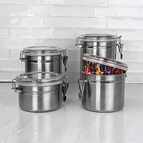 5pc Stainless Steel Canister Set with Clear Acrylic Lids & Clamp Airtight Durable & Stackable Food Storage Container for Kitchen Counter & Pantry, Tea, Sugar, Coffee, Flour, Rice, Pasta, Spices, Herbs