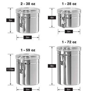 5pc Stainless Steel Canister Set with Clear Acrylic Lids & Clamp Airtight Durable & Stackable Food Storage Container for Kitchen Counter & Pantry, Tea, Sugar, Coffee, Flour, Rice, Pasta, Spices, Herbs