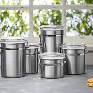 5pc Stainless Steel Canister Set with Clear Acrylic Lids & Clamp Airtight Durable & Stackable Food Storage Container for Kitchen Counter & Pantry, Tea, Sugar, Coffee, Flour, Rice, Pasta, Spices, Herbs