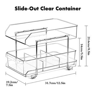 Simetufy 2 Tier Clear Organizer with Dividers, Multi-Purpose Slide-Out Bathroom Vanity Countertop Closet Organization, Under Sink Organizers and Storage, Kitchen Pantry Medicine Cabinet Bins, 2 Pack