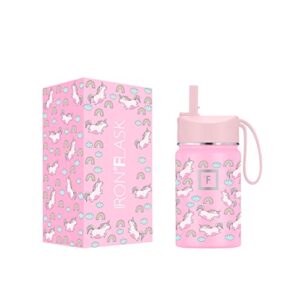 iron °flask kids water bottle – 14 oz, straw lid, 20 name stickers, vacuum insulated stainless steel, double walled tumbler travel cup, thermo mug, metal canteen (stardust unicorns)