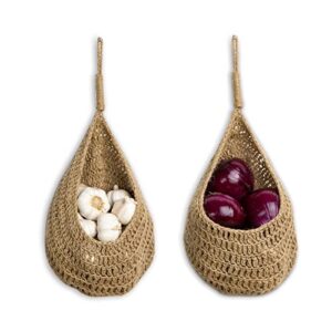 vk living jute onion basket hanging for pantry, potato garlic onion pantry storage baskets, boho wall baskets for kitchen, garlic keeper, bohemian handwoven wall mount fruit or veggie basket set of 2, medium