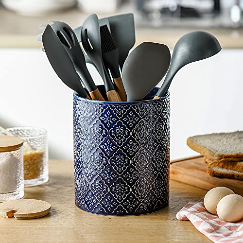 KOOV Kitchen Utensil Holder, Large Utensil Holders for Countertop, 6 x 7 Inches Ceramic Utensil Crock, Deep and Stable, Cooking Utensil Holder, Embossed Pattern (BLue)