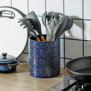 KOOV Kitchen Utensil Holder, Large Utensil Holders for Countertop, 6 x 7 Inches Ceramic Utensil Crock, Deep and Stable, Cooking Utensil Holder, Embossed Pattern (BLue)