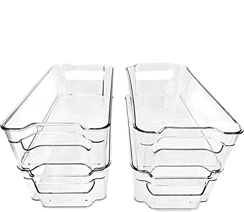 (4 Pack) Pantry and Refrigerator Organizer Bins for Kitchen and Cabinet Storage | Stackable Food Bins with Handles | BPA FREE Fridge and Freezer Containers | Clear