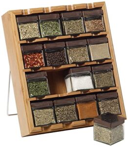 kamenstein bamboo wood 16 jar decorative countertop spice rack, with cube jars on shelves, pre filled spice, filled in the usa, 5 year free refills, removable sifter caps with easy to refill