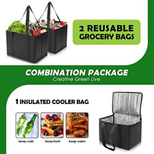 DAREKUKU 3 Pack Reusable Grocery Bags, Foldable Washable Insulated Shopping Bags For Groceries With Reinforced Bottom & Handles (2 Grocery Tote Bags + 1 Insulated Cooler Bag)