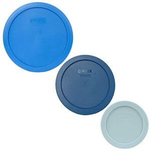 pyrex (1) 7402-pc marine blue & (1) 7201-pc blue spruce & (1) 7200-pc muddy aqua round plastic food storage replacement lids