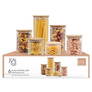 JoyJolt Borosilicate Glass Jars With Bamboo Lids. 6 Pc Set of Air Tight Sealable Containers. Food Jar Canisters with Airtight Lid for Pantry Storage and Kitchen Organization.