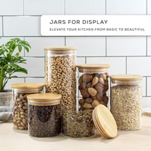 JoyJolt Borosilicate Glass Jars With Bamboo Lids. 6 Pc Set of Air Tight Sealable Containers. Food Jar Canisters with Airtight Lid for Pantry Storage and Kitchen Organization.